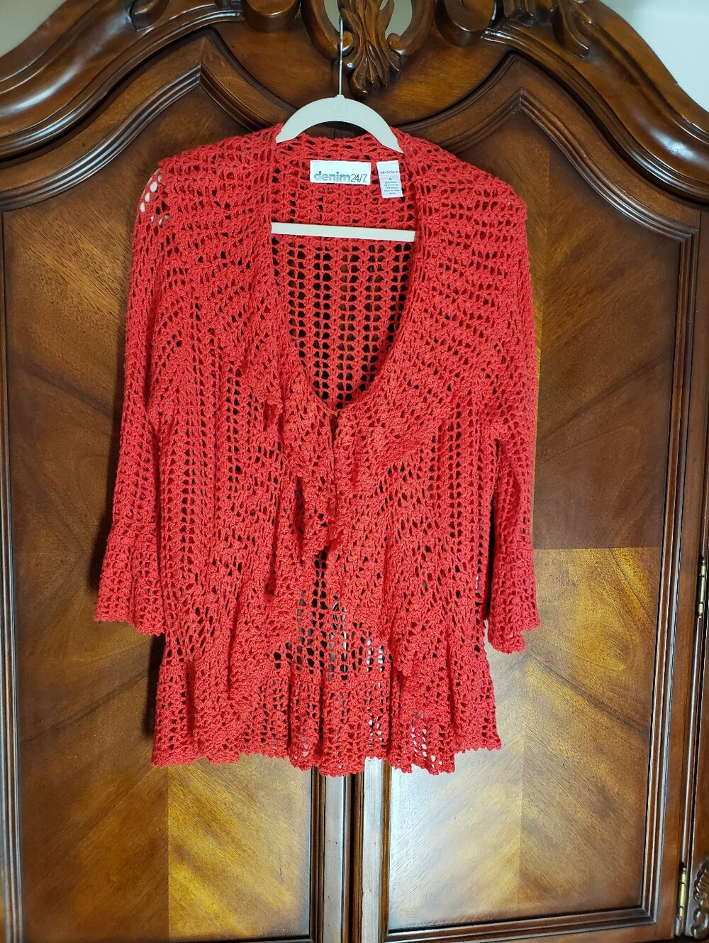 Denim 24/7 Coral-Red Crochet Open-Front Women's Tunic